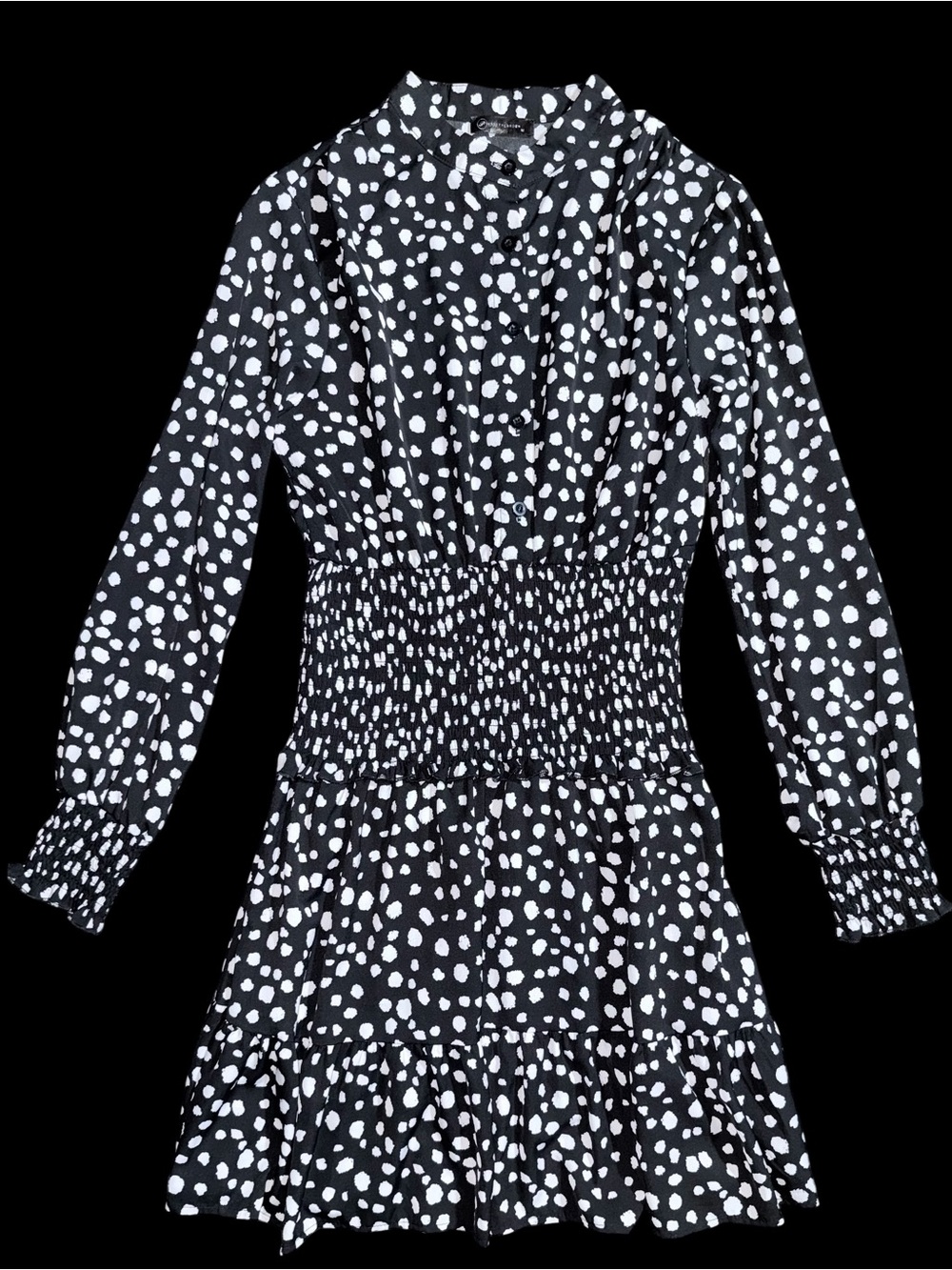 Women's Size M Long Sleeve Smocked Waist Spot Print Dress Black White Ruffle Hem